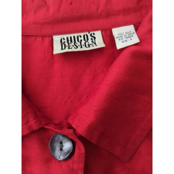 CHICO'S DESIGN Size 3 Red 100 % Silk Collared button up blouse Women's US Sze 16 - Picture 3 of 5